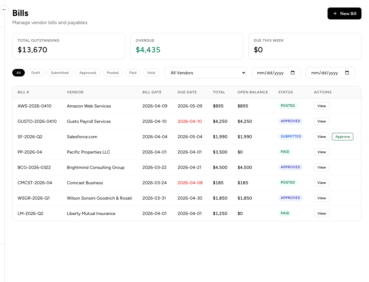 Vendor bills, paid and tracked.